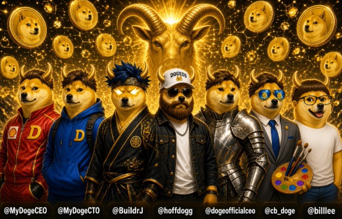 An AI-generated illustration featuring seven Doge-themed characters with various personas (samurai, CEO, knight, artist) standing in front of a golden goat-headed figure, labeled @MyDogeCEO, @MyDogeCTO, @BuildrJ, @hoffdogg, @dogeofficialceo, @cb_doge, and @billlee.