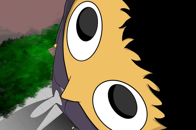 A distorted cartoon image showing a character with an oversized, stretched face featuring two large eyes against a green bush background.