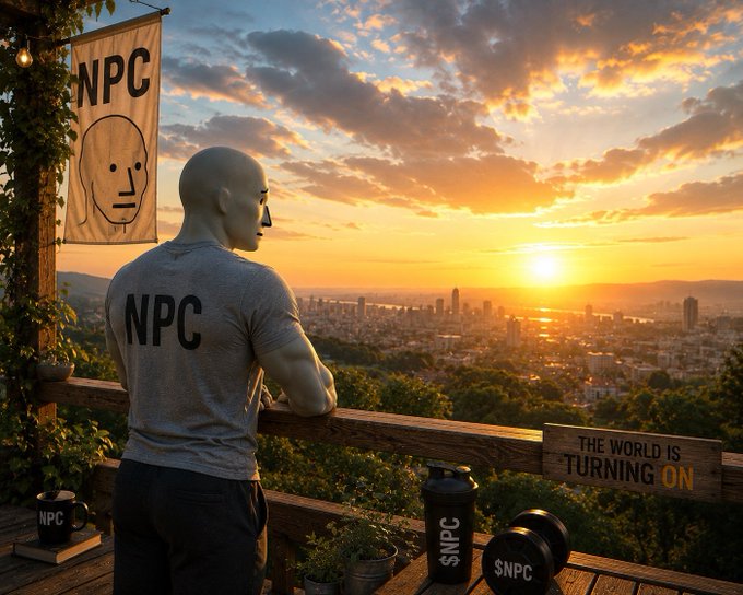 A bald figure wearing a gray "NPC" t-shirt stands at a wooden railing, gazing over a sunlit cityscape at sunset, with an "NPC" banner hanging nearby and dumbbells branded with "SNPC" and "NPC" labels, along with a sign reading "THE WORLD IS TURNING ON." The imagery plays on the popular "NPC" meme, suggesting that embracing the $NPC lifestyle—symbolized by the mundane, routine existence of an NPC (non-player character)—leads to inner peace amid life's grand vistas.