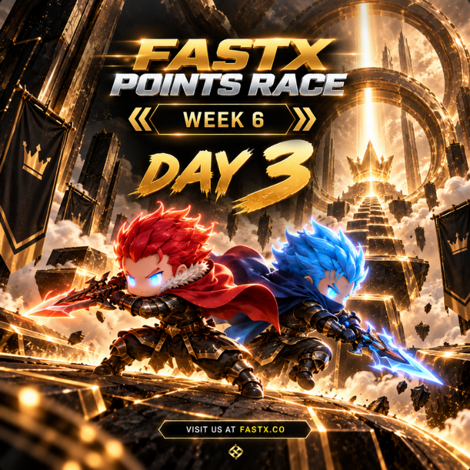 A promotional graphic for "FASTX POINTS RACE WEEK 6 DAY 3" featuring two stylized warrior characters, one with red hair and a red cape wielding a fiery sword, the other with blue hair wielding an icy blade, set against a dramatic golden tower background with "VISIT US AT FASTX.CO" at the bottom.