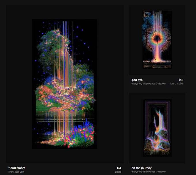 Three digital art pieces titled 'floral bloom' from 'Know Your Self', 'god eye' from 'everything's Networked Collection', and 'on the journey' from 'everything's Networked Collection', each listed at $11, showcasing colorful pixelated and glitch art styles.