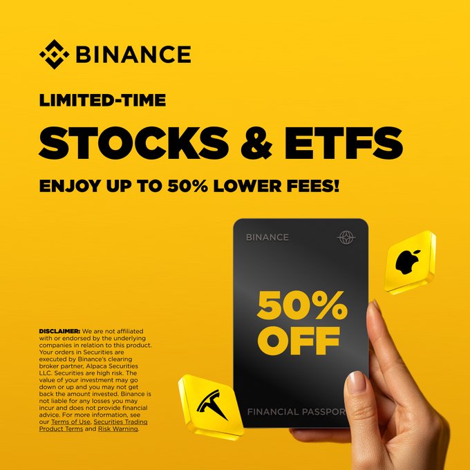 A Binance promotional graphic with a yellow background advertises "LIMITED-TIME STOCKS & ETFS" with "UP TO 50% LOWER FEES," featuring a hand holding a black "Financial Passport" card displaying "50% OFF" alongside gold Apple and Tesla ticker blocks. The image visually reinforces the post's message about Binance's discounted stock and ETF trading fees before the limited-time offer ends.