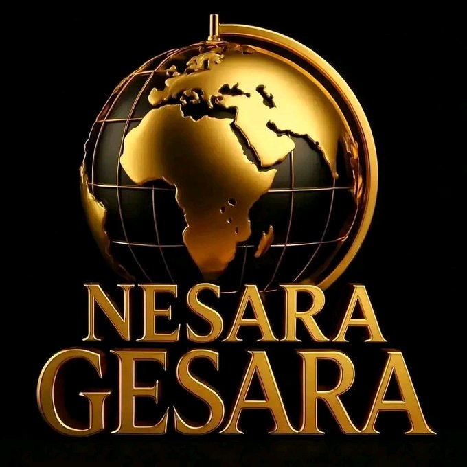 A golden globe logo with the text "NESARA GESARA" displayed prominently in gold lettering against a black background.