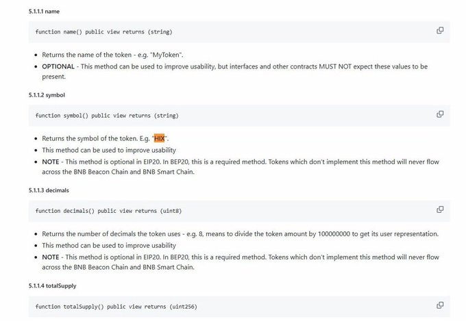 Technical documentation showing Solidity function signatures for BEP-20 token standard methods including name(), symbol(), decimals(), and totalSupply(), with notes referencing BNB Beacon Chain and BNB Smart Chain.