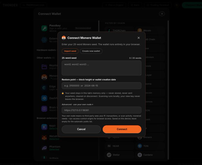 A dark-themed THORDEX interface displays a "Connect Monero Wallet" dialog with options to "Import seed" or "Create new wallet," featuring fields for a 25-word seed, a restore point (e.g., 310000 or 2024-06-15), and an "Advanced" section to input a custom RPC node URL (https://127.0.0.1:18081). This illustrates the post's point that users can connect directly to their own local self-hosted $XMR node for maximum security and privacy, ensuring THORDEX does not silently fall back to a public node.