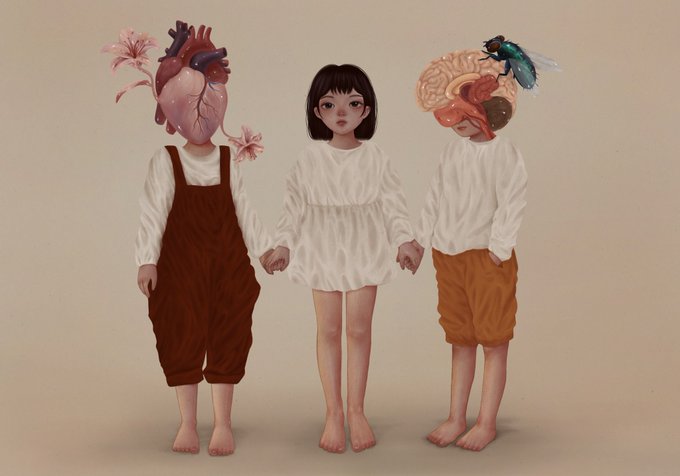 A surreal digital illustration shows three children holding hands: the outer two have their faces replaced by anatomical heart and brain imagery topped with flowers and a fly, while the central girl has a human face and wears a white dress.