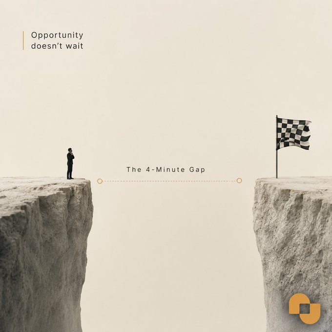 The image shows a man standing at the edge of a cliff, with a flagpole nearby. The caption reads "The 4-minute Gap" above him, suggesting that he has just crossed a gap or milestone within a short period of time.