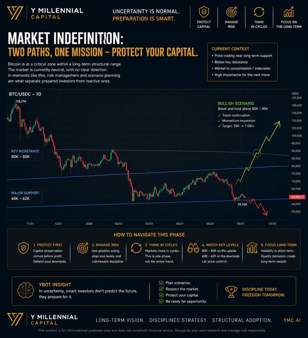 The image displays a black background with various symbols, text, and logos related to Bitcoin, including "YBOT Insights" and "market definition", as well as key terms such as "uncertainty", "protection", "capital", and "cycles". The main focus of the post is on the concept of Market Indefinitude. It highlights that Market Indefinitiity doesn't signify panic or uncertainty, but rather serves as a reminder to be disciplined and patient when it comes to investing in Bitcoin.