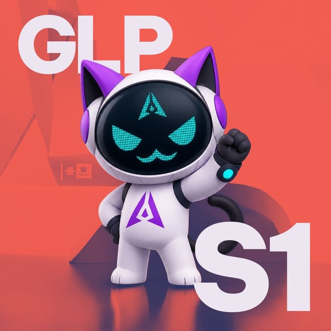 A 3D-rendered white robotic cat character with purple ears and glowing teal eyes and emblem, posed against an orange background with 'GLP' and 'S1' text.