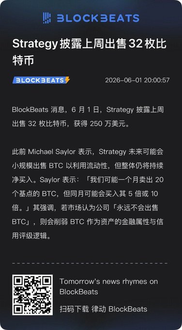 The image shows a screenshot of a post from BlockBeats discussing strategy for trading Bitcoin, specifically focusing on Strategy #32. The post contains Chinese text that translates to "Strategy 32" and "blockbeats", indicating its purpose or source. It also includes a quote about Bitcoin and mentions the word "bitcoin". The post is accompanied by a screenshot of a website called BlockBeats, which has a logo in the bottom left corner. The image does not provide any information about the current value of bitcoin or the time it was posted.
