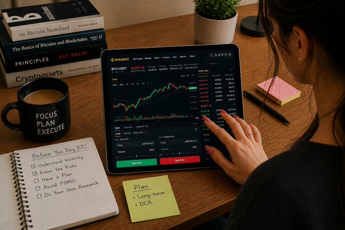 A woman studies a Binance BTC/USDT chart on her laptop while referencing a checklist notebook titled "Before You Buy BTC" beside a "FOCUS PLAN EXECUTE" mug. The setup, featuring books like "The Bitcoin Standard" and "Principles," reinforces the post's advice to research and plan carefully before making a first Bitcoin purchase.