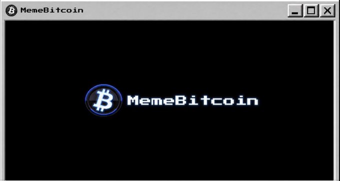 A retro-styled Windows dialog box window titled 'MemeBitcoin' displaying a Bitcoin logo with the text 'MemeBitcoin' on a black background.