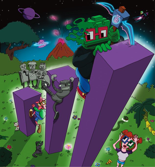A vibrant cartoon illustration featuring a green frog-headed character wielding a glowing hammer atop large purple letters, surrounded by various characters including robots, a cowboy, and a girl with pixelated sunglasses in a nighttime landscape.