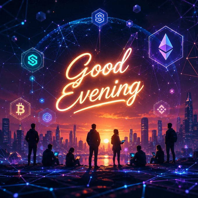 A glowing "Good Evening" neon sign glows against a futuristic city skyline at sunset, with silhouettes of people using laptops surrounded by floating blockchain symbols (Bitcoin, Ethereum, and others) linked by a digital network. The image reinforces the post's theme by visually capturing a global Web3 community gathered together, emphasizing that real utility and strong community—not hype—are what define lasting projects in the crypto space.