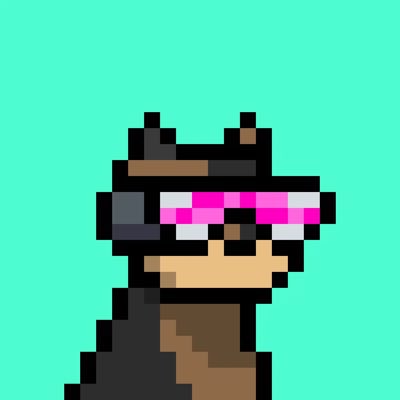 A pixel art character of a bear wearing a pink visor and a brown headband against a bright turquoise background.