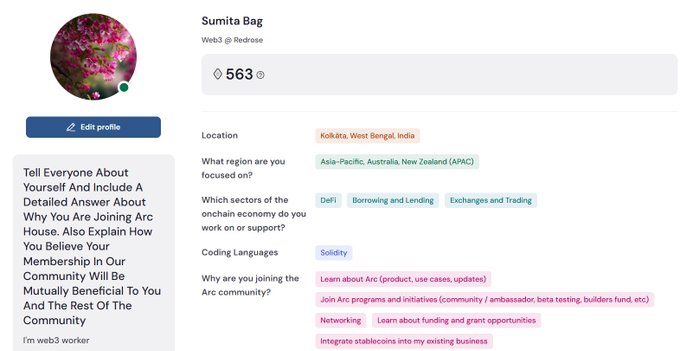 A profile page for 'Sumita Bag' on Web3 @ Redrose with 563 reputation, based in Kolkata, West Bengal, India, focusing on Asia-Pacific, Australia, and New Zealand regions.