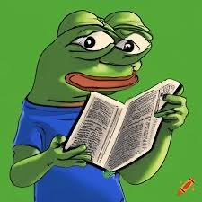 A cartoon illustration of a sad-looking Pepe the Frog character wearing a blue shirt and reading an open book against a green background.