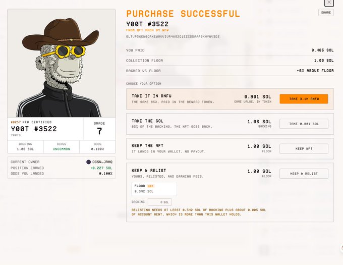A 'PURCHASE SUCCESSFUL' screenshot for NFT 'Y00T #3522' showing a cartoon character with a cowboy hat and yellow sunglasses, with options to 'TAKE IT IN RMFW,' 'TAKE THE SOL,' 'KEEP THE NFT,' or 'KEEP & RELIST,' showing pricing in SOL.