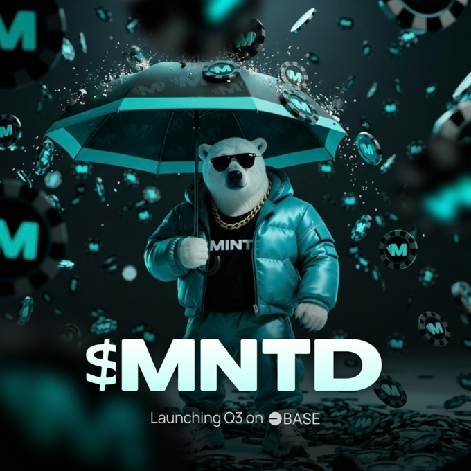 A promotional image featuring an animated polar bear wearing sunglasses, a gold chain, and a teal puffer jacket, holding an umbrella amid falling tokens, with text reading '$MNTD Launching Q3 on BASE'.