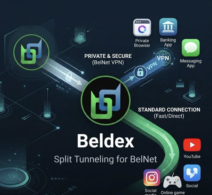 A promotional graphic for Beldex featuring its green leaf logo, highlighting "Split Tunneling for BelNet" with routes for "PRIVATE & SECURE (BelNet VPN)" and "STANDARD CONNECTION (Fast/Direct)" connecting to apps like YouTube, Instagram, and a Private Browser.