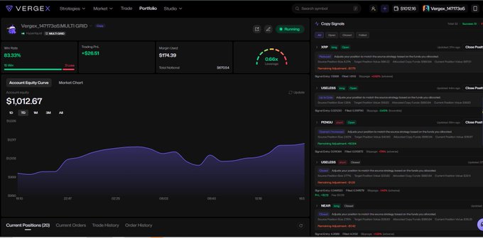 A screenshot of a VergeX trading platform dashboard showing a portfolio value of $1,012.67, with the ticker VRGX_347173e5 MULTI GRID running, featuring an account equity curve chart and open positions.