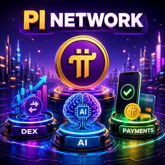 A promotional graphic for Pi Network featuring the π coin logo centered above three pedestals labeled DEX, AI, and PAYMENTS, with a futuristic cityscape background.