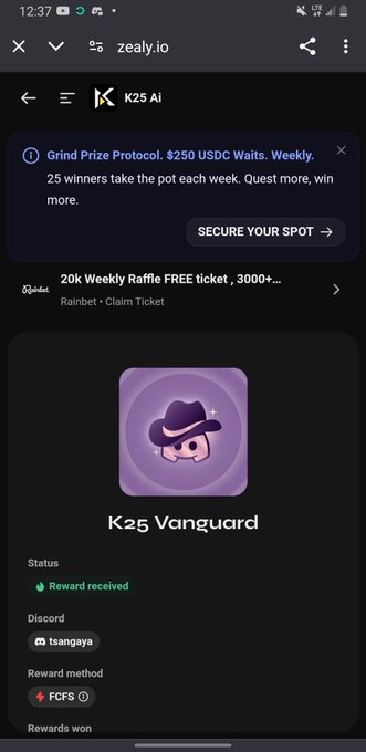A mobile screenshot from zealy.io showing a K25 Vanguard NFT reward with a purple crystal icon, indicating 'Reward received' status, Discord username 'tsangaya', and reward method 'FCFS', with a Grind Prize Protocol banner at the top.