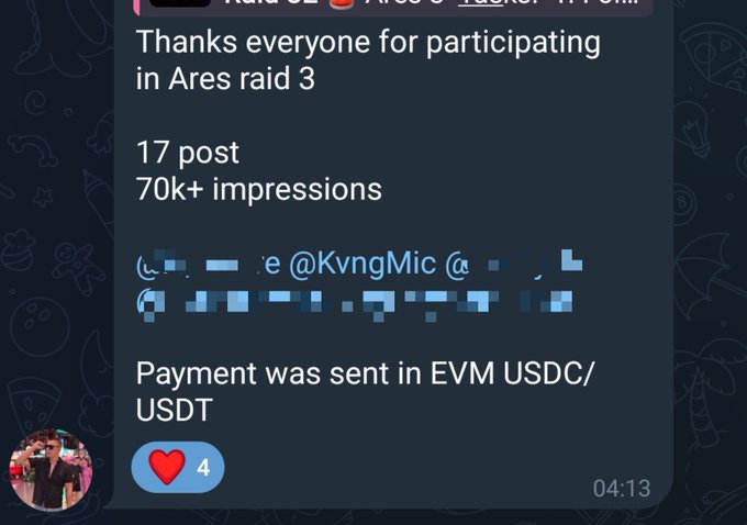 A Telegram message thanking participants in 'Ares raid 3' with '17 post' and '70k+ impressions', noting 'Payment was sent in EVM USDC/USDT', showing 4 reactions at timestamp 04:13.
