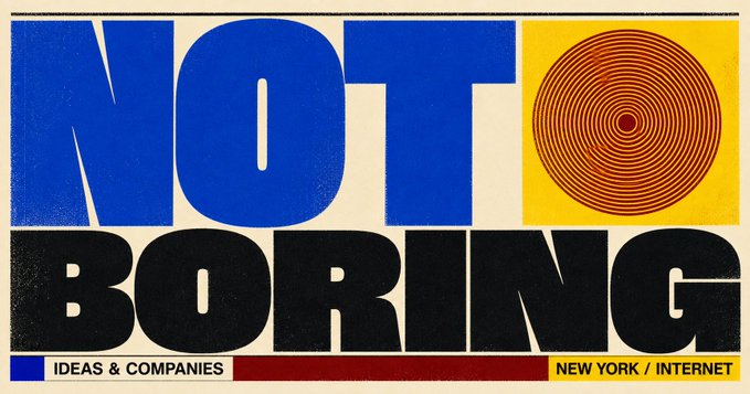 A graphic with bold text reading 'NOT BORING' on blue, white, and yellow panels, with 'IDEAS & COMPANIES' and 'NEW YORK / INTERNET' below, and a red spiral design.