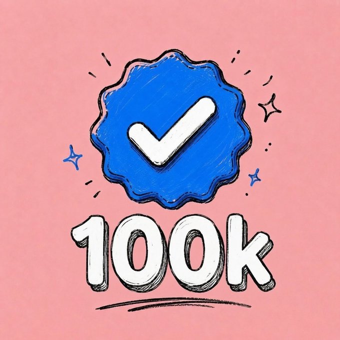 The image features a pink background with a blue checkmark, which is surrounded by stars. The text "100k followers?" is written below the checkmark, indicating that the image might be related to a social media post or campaign aiming for 100k followers.
