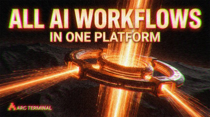 A promotional graphic for 'Arc Terminal' with the tagline 'ALL AI WORKFLOWS IN ONE PLATFORM,' featuring a futuristic glowing orange ring structure.