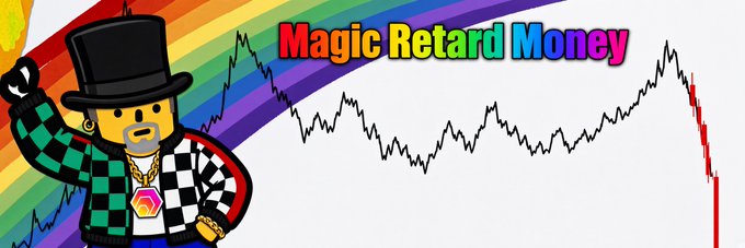 A meme graphic titled 'Magic Retard Money' featuring a Roblox character wearing a top hat and gold chains against a rainbow background, with a declining line chart and a red crash line.