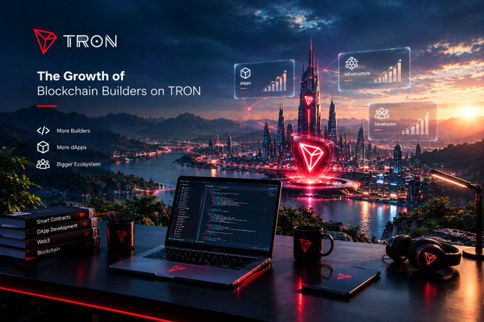A promotional graphic titled 'TRON - The Growth of Blockchain Builders on TRON' showing a laptop with code, a desk setup, and a futuristic city skyline with stats for dApps, Infrastructure, and Developers.