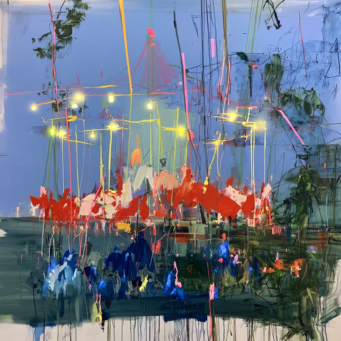 A vibrant abstract expressionist painting depicting a nighttime scene with bright yellow lights, colorful drips and splashes of red, blue, and pink paint, suggesting a carnival or cityscape with dripping paint effects.