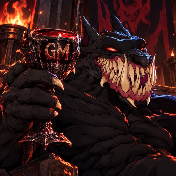 A digital illustration depicts a muscular demonic creature with sharp teeth holding an ornate goblet containing a dark liquid marked with the gold letters 'GM'.