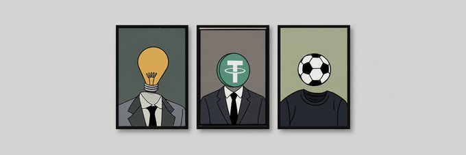 A minimalist art print featuring three figures in business suits with a lightbulb, Tether (USDT) coin, and soccer ball as their heads.