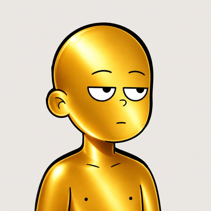 The image features a cartoon gold character with a face, dressed in a shirtless body suit or costume. The character has a serious expression on their face, giving them an intense look. The background of the image is white, which contrasts with the golden color of the character and makes it stand out more prominently. There are no texts or other objects present in the image, and there's no indication that this cartoon gold character is related to any specific post or social media platform.