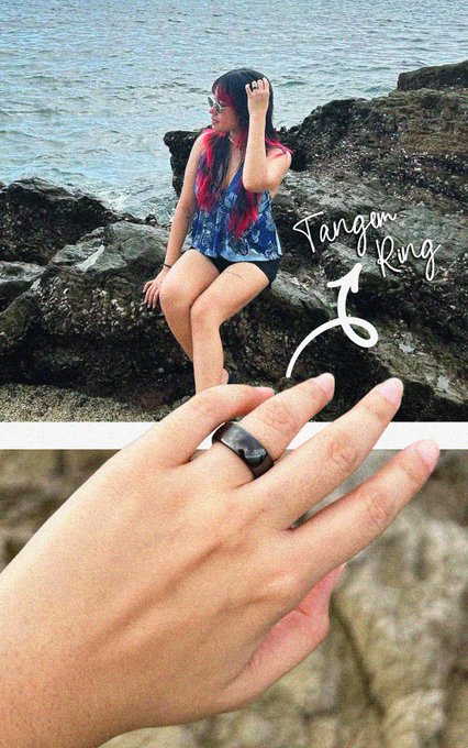 A promotional image showcases a "Tangen Ring" jewelry product, featuring a young woman with red-streaked hair sitting on rocks by the sea, alongside a close-up of the black ring worn on a finger.