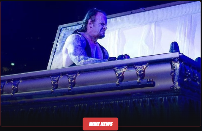 The Undertaker rises from what appears to be a WWE casket, illuminated in dramatic blue lighting, with a "WWE NEWS" watermark at the bottom—creating a visual metaphor of a project "coming back from the dead" similar to the FWA token referenced in the post about crypto farming schemes where developers profit before the token collapses.