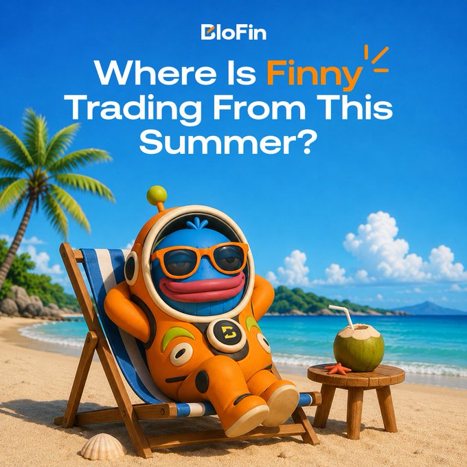 The image features BloFin's mascot "Finny," a blue character wearing orange sunglasses and an orange spacesuit, lounging on a beach chair with a coconut drink on a tropical beach, with the caption "Where Is Finny Trading From This Summer?" inviting users to share their own creative images of Finny's summer trading spot for a chance to win 200 USDT in rewards.