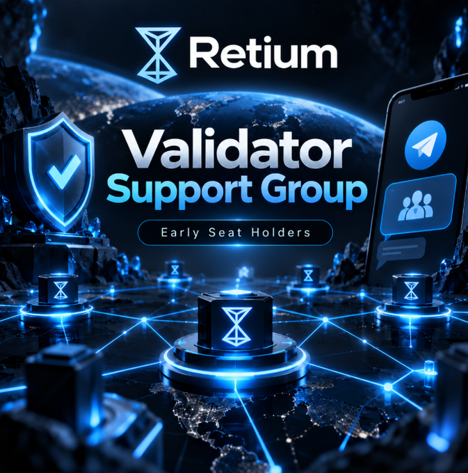 A promotional graphic for "Retium Validator Support Group" targeting Early Seat Holders, featuring a network of glowing blue nodes connected around a globe and shield icon.
