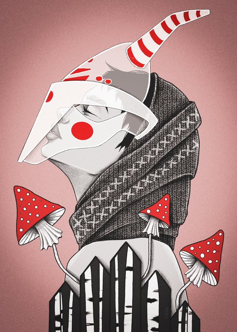 A surreal illustration of a person wearing a red-spotted mask and scarf, with red-spotted mushrooms growing from their body, set against a pink background.