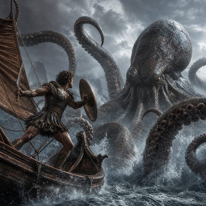 A dramatic fantasy illustration depicting a warrior on a wooden ship holding a sword and shield, facing off against a massive kraken with enormous tentacles emerging from stormy seas.