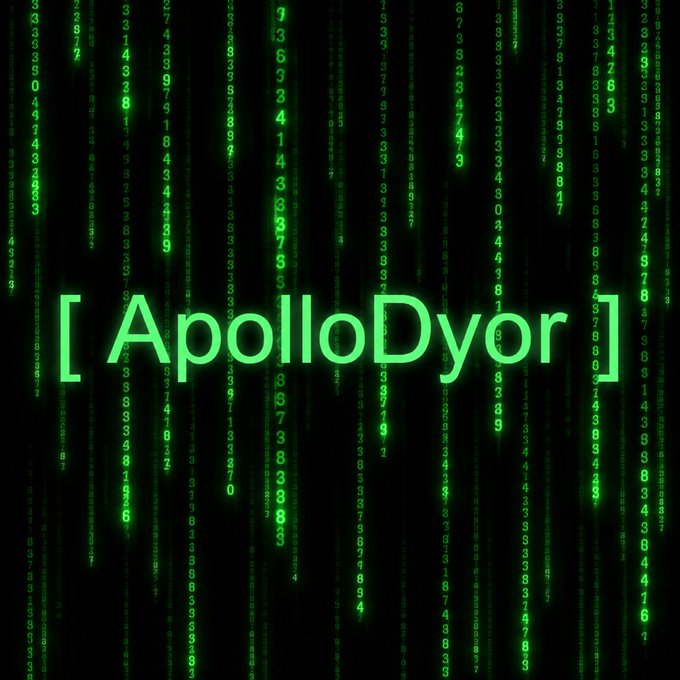 A Matrix-style green digital rain background displays the text '[ApolloDyor]' in glowing green letters.