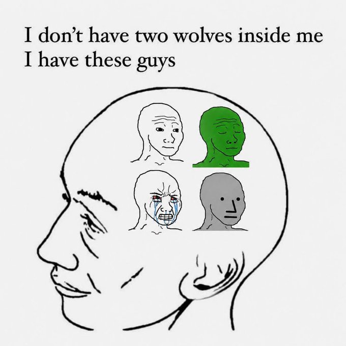 The image features a cartoon depiction of a head with four different facial expressions drawn on it. The first expression shows a sad face, the second one has an angry face, the third one displays a neutral face, and the fourth one portrays a happy face. The caption below the image reads "I don't have two wolves inside me. I have these guys", which is related to the four facial expressions on the head.