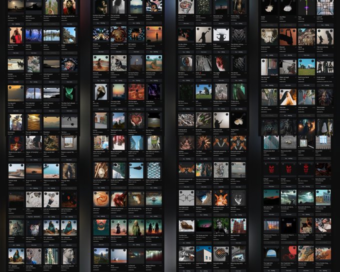 A dense grid view of an image library or stock photo website, displaying dozens of small thumbnails featuring various dark, moody, and surreal images including figures, landscapes, and abstract designs.