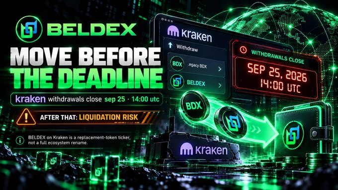 A promotional graphic for BELDEX cryptocurrency on Kraken exchange, warning 'MOVE BEFORE THE DEADLINE' with withdrawals closing SEP 25, 2026 at 14:00 UTC, noting 'AFTER THAT: LIQUIDATION RISK' and that BELDEX is a replacement-token ticker.