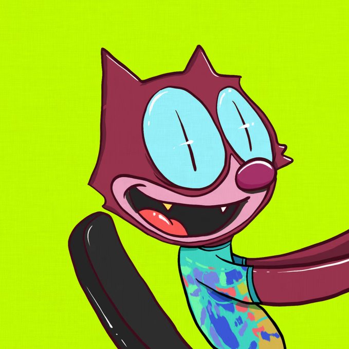 An illustration of a quirky cat character with large blue eyes, purple-maroon fur, wearing a colorful patterned shirt, smiling with fangs visible against a bright lime green background.