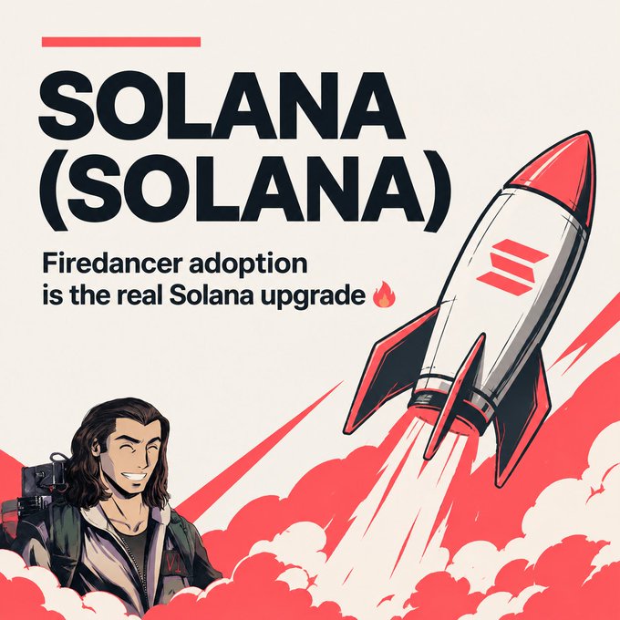 Promotional graphic featuring 'SOLANA (SOLANA)' text with 'Firedancer adoption is the real Solana upgrade' and a cartoon illustration of a man and a rocket ship.