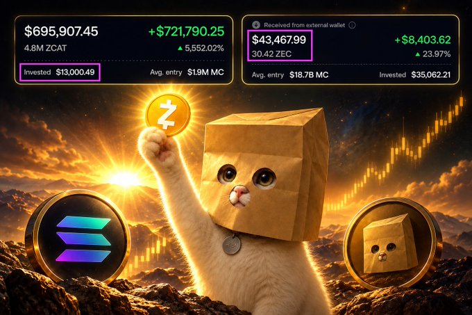 A triumphant cat wearing a cardboard box costume holds a Zcash (ZEC) coin aloft, surrounded by Solana and ZCAT token logos and dramatic market imagery, while an on-screen crypto dashboard displays a $13,000 ZCAT investment yielding over 30 ZEC tokens worth $43,467.99, plus an additional $695,907.45 ZCAT holding showing a 5,552.02% gain.